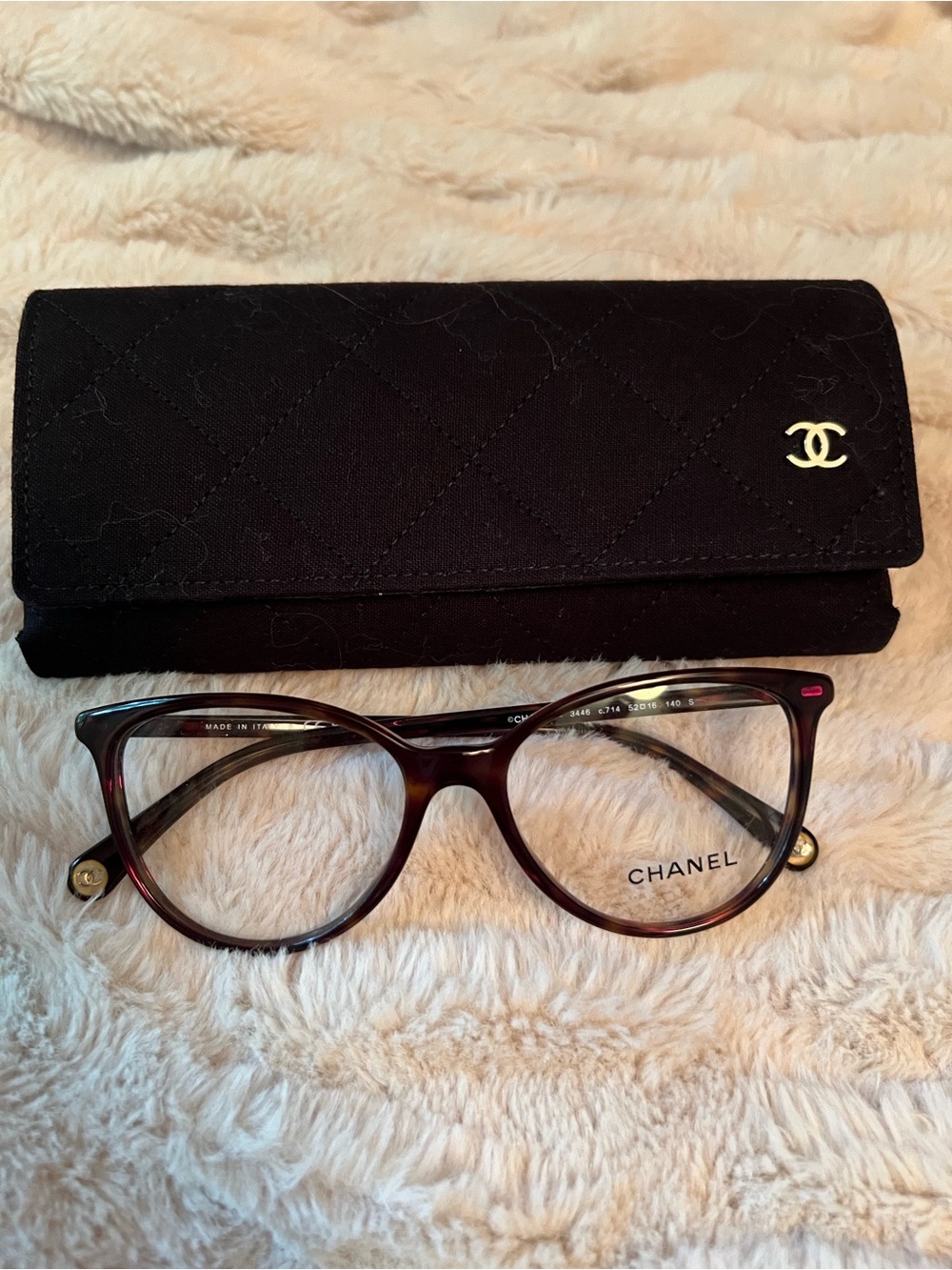 CHANEL Tortoiseshell Cat Eye Glasses with Black Quilted Case